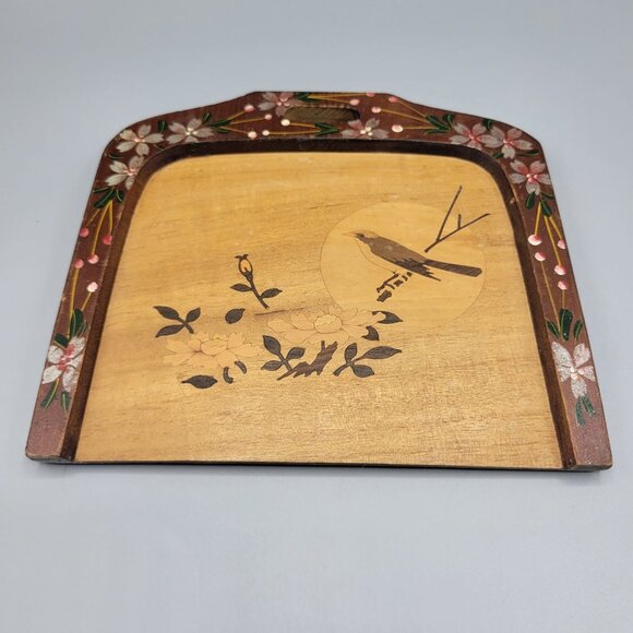 Vintage Wood Hand Carved Painted Crumb Tray & Scraper Floral & Bird Design Japan - Picture 6 of 11